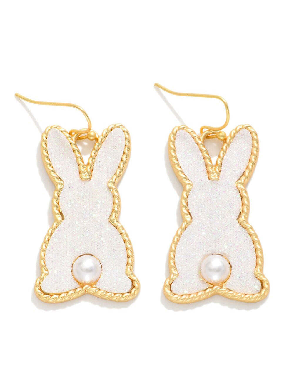White Glitter Easter Bunny Drop Earrings with Pearl Tail